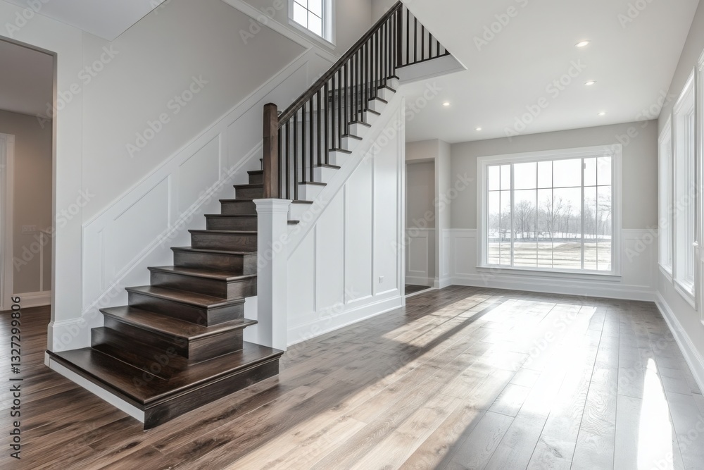 Bright foyer with dark wood stairs and flooring in a modern home with large windows