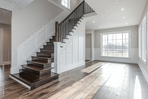 Obraz na płótnie Bright foyer with dark wood stairs and flooring in a modern home with large windows w salonie