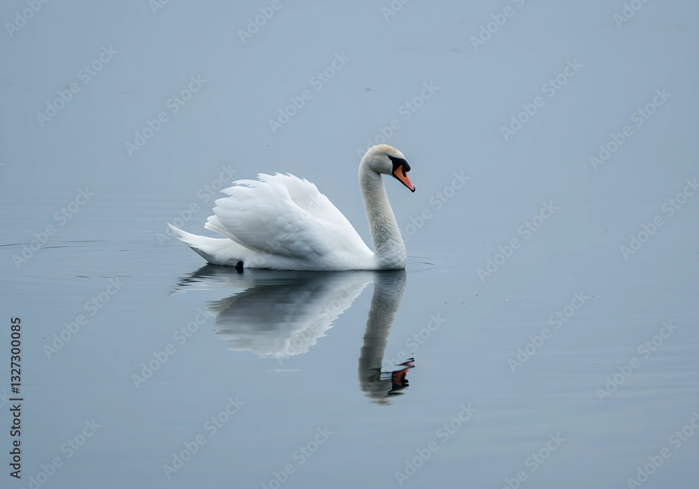 Naklejka premium Elegant White Swan Swimming, Reflection in Calm Blue Water, Birdwatching Wildlife