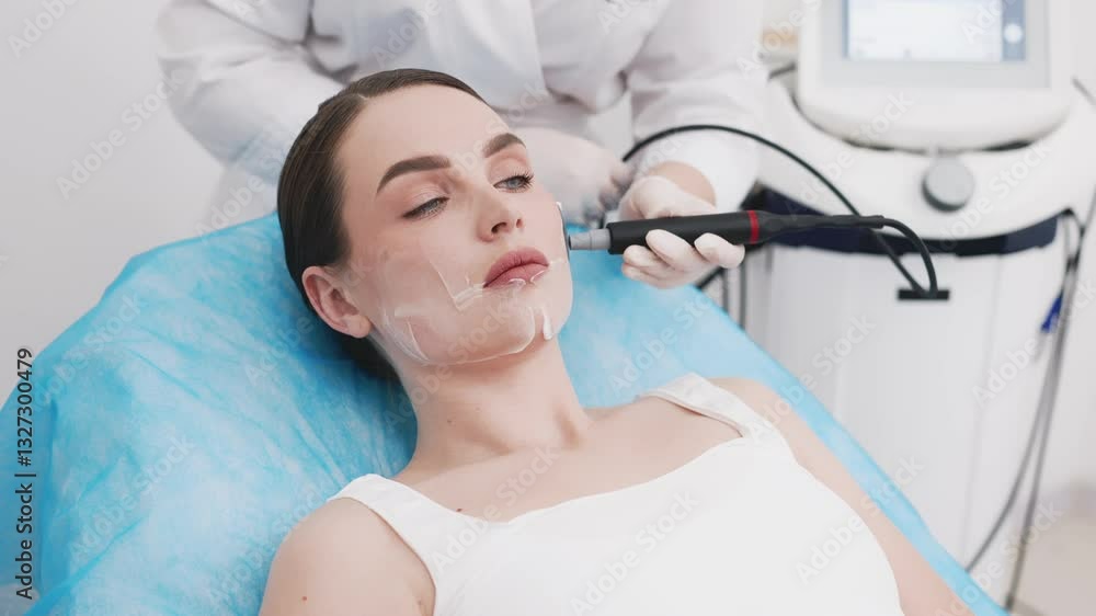 A cosmetologist performs RF-lifting and ultrasonic facial rejuvenation on a young woman in a modern beauty salon. The concept of innovative procedures for skin elasticity and rejuvenation. A cosmetologist performs RF-lifting and ultrasonic facial rejuvenation on a young woman in a modern beauty salon. The concept of innovative procedures for skin elasticity and rejuvenation.