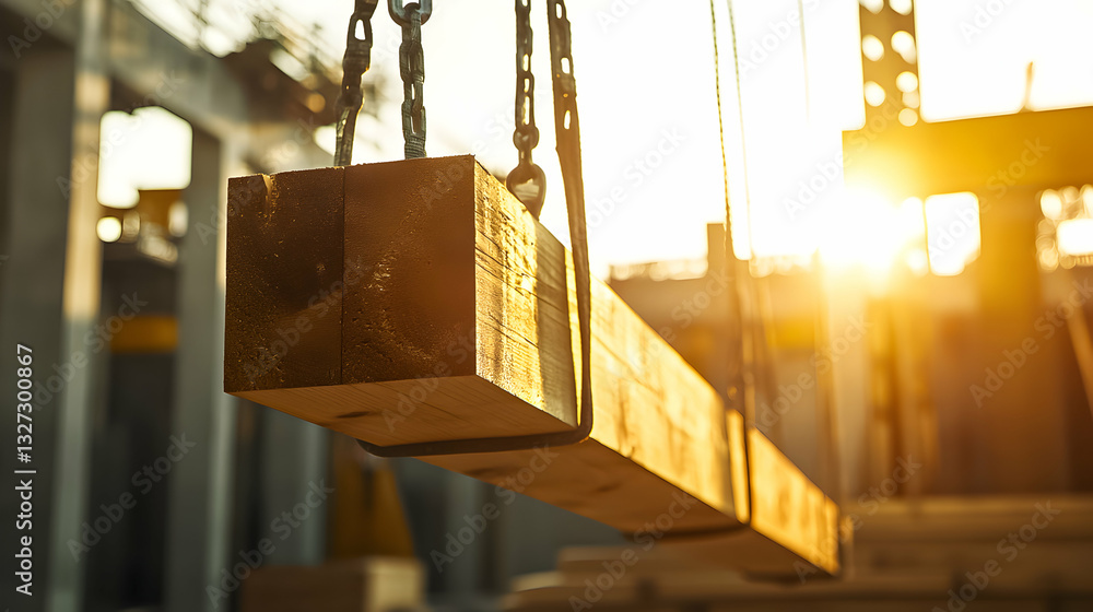 Construction site at sunset with wooden beam being lifted by crane during golden hour Construction site at sunset with wooden beam being lifted by crane during golden hour