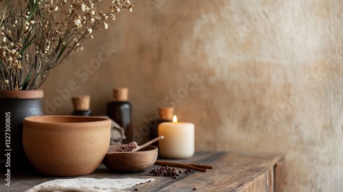 Wallpaper Mural Rustic arrangement of natural materials including pottery and flowers on a wooden table : Generative AI Torontodigital.ca