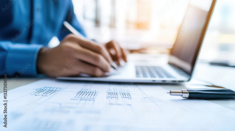 A close-up of a laptop displaying a CAD electrical project alongside construction blueprints, a yellow hard hat, and a pen, symbolizing engineering, power grid planning, and technical design A close-up of a laptop displaying a CAD electrical project alongside construction blueprints, a yellow hard hat, and a pen, symbolizing engineering, power grid planning, and technical design
