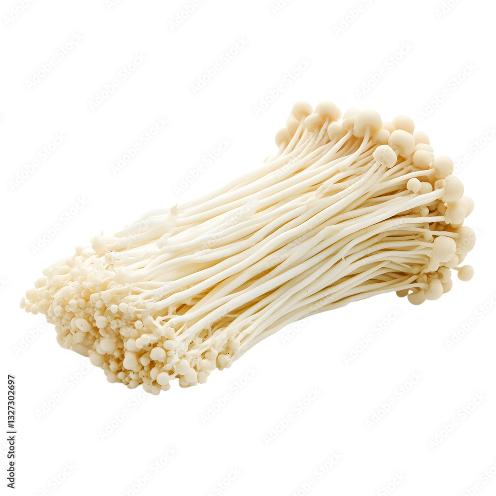 This image showcases a fresh bundle of enoki mushrooms, a popular ingredient in many cuisines. This image showcases a fresh bundle of enoki mushrooms, a popular ingredient in many cuisines.