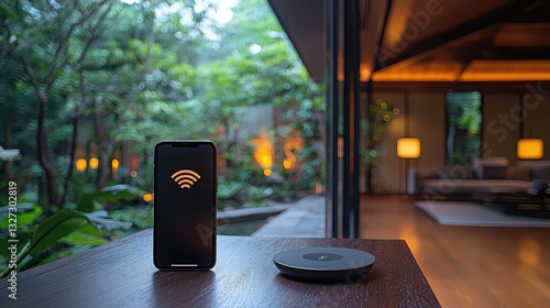 Smartphone Wireless Charging on Modern Minimalist Wooden Table Near Panoramic Garden View, Showing Fast Wifi Connection