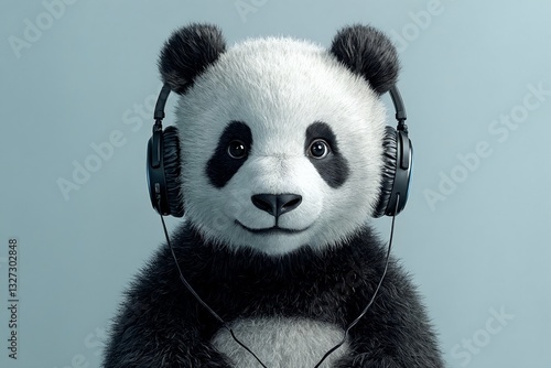 Un panda adorable escucha música con auriculares en un fondo azul claro.