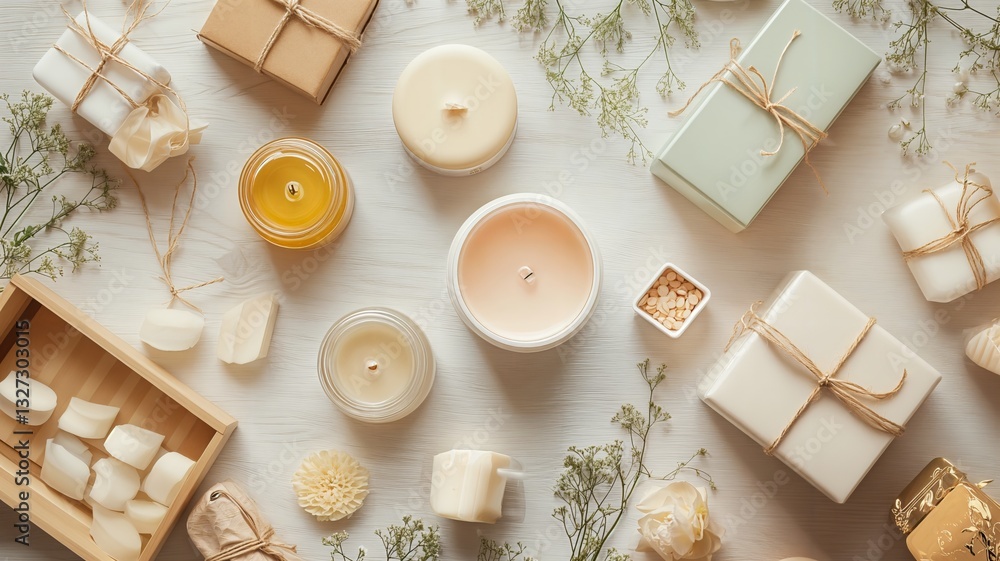 Un encantador arreglo de velas, cajas y flores sobre una mesa clara, creando un ambiente sereno y acogedor. Un encantador arreglo de velas, cajas y flores sobre una mesa clara, creando un ambiente sereno y acogedor.