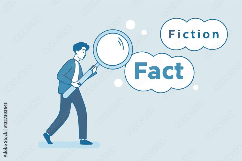 Fact checking, analyze truth, lie or dishonesty, proof information, decision to identify fact, verification or validate data concept, businessman with magnifying glass analyze fact from false info. Fact checking, analyze truth, lie or dishonesty, proof information, decision to identify fact, verification or validate data concept, businessman with magnifying glass analyze fact from false info.