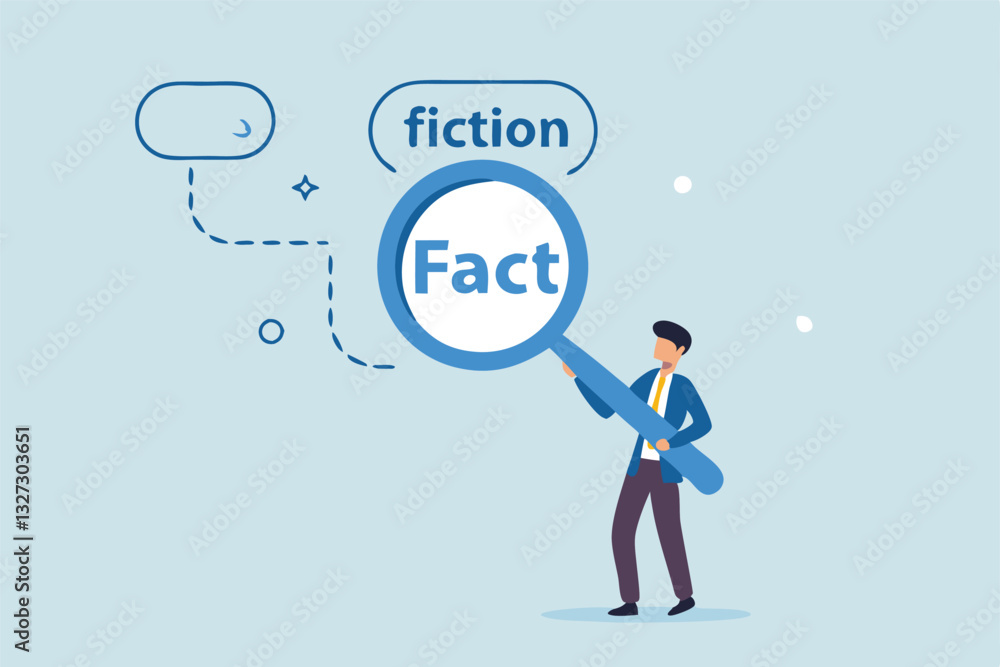 Fact checking, analyze truth, lie or dishonesty, proof information, decision to identify fact, verification or validate data concept, businessman with magnifying glass analyze fact from false info. Fact checking, analyze truth, lie or dishonesty, proof information, decision to identify fact, verification or validate data concept, businessman with magnifying glass analyze fact from false info.