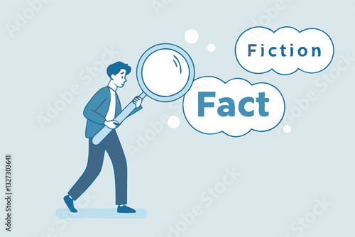 Fact checking, analyze truth, lie or dishonesty, proof information, decision to identify fact, verification or validate data concept, businessman with magnifying glass analyze fact from false info.