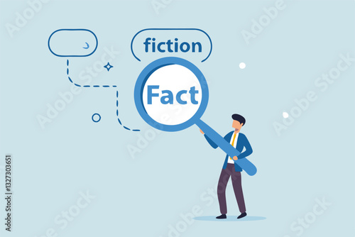 Fact checking, analyze truth, lie or dishonesty, proof information, decision to identify fact, verification or validate data concept, businessman with magnifying glass analyze fact from false info.