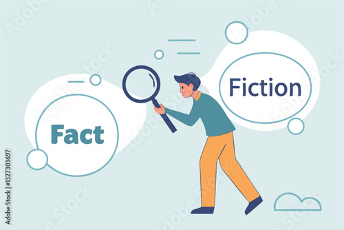 Fact checking, analyze truth, lie or dishonesty, proof information, decision to identify fact, verification or validate data concept, businessman with magnifying glass analyze fact from false info.