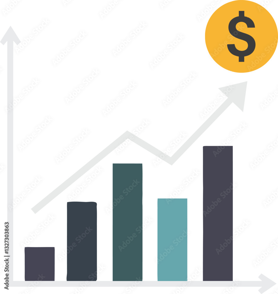Growing financial chart with upward trend and dollar symbol in flat design vector art Growing financial chart with upward trend and dollar symbol in flat design vector art