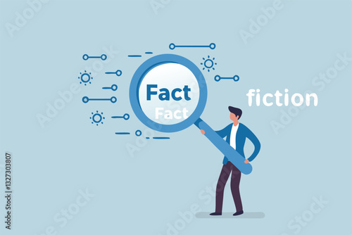 Fact checking, analyze truth, lie or dishonesty, proof information, decision to identify fact, verification or validate data concept, businessman with magnifying glass analyze fact from false info.