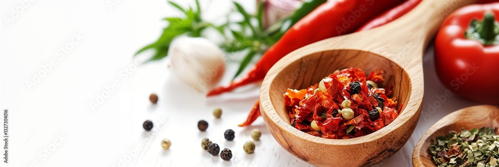 Un plato colorido con especias frescas y pimientos, exudando sabor y frescura en un ambiente culinario. Un plato colorido con especias frescas y pimientos, exudando sabor y frescura en un ambiente culinario.