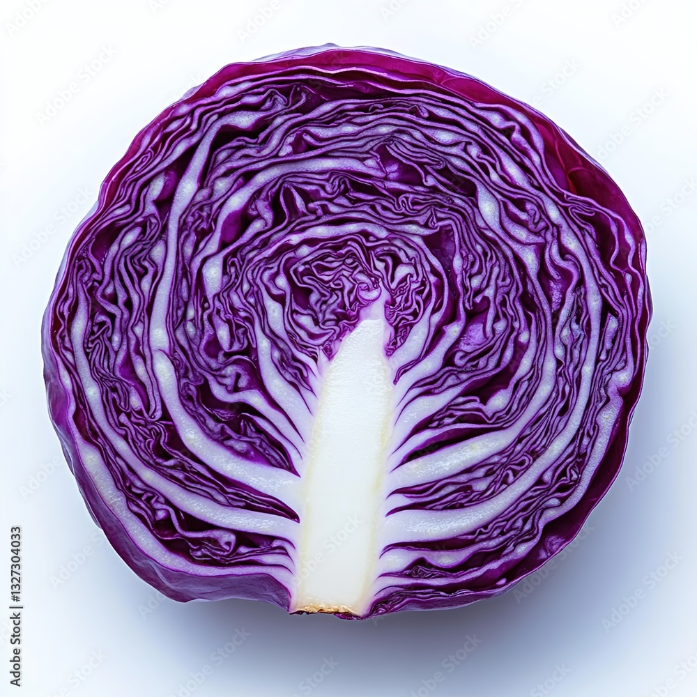 Obraz premium A red cabbage, cut in half, with the inside of one side showing a pattern of purple and white stripes.
