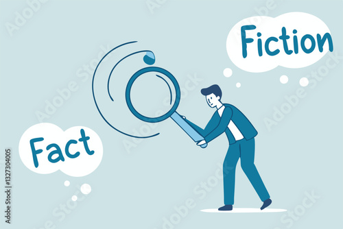 Fact checking, analyze truth, lie or dishonesty, proof information, decision to identify fact, verification or validate data concept, businessman with magnifying glass analyze fact from false info.