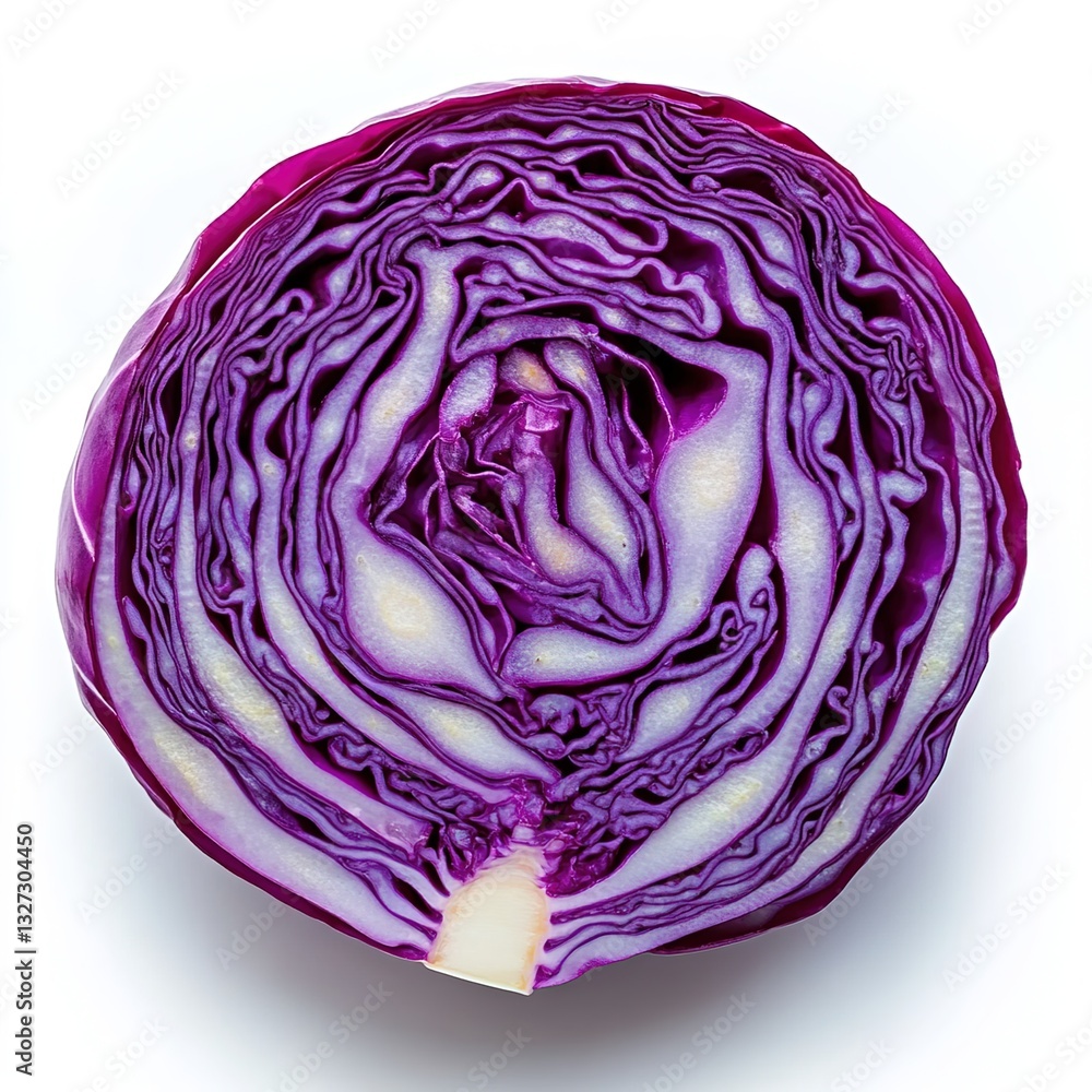 A red cabbage, cut in half, with the inside of one side showing a pattern of purple and white stripes. A red cabbage, cut in half, with the inside of one side showing a pattern of purple and white stripes.