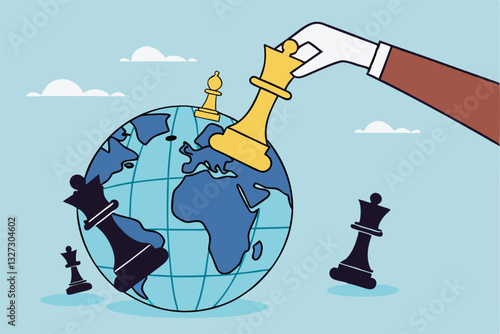Geopolitics world country trade alliance, diplomacy with superpower nations, relationship or negotiation for trade war, tariff or sanction concept, hand playing chess to win geopolitics trade war.