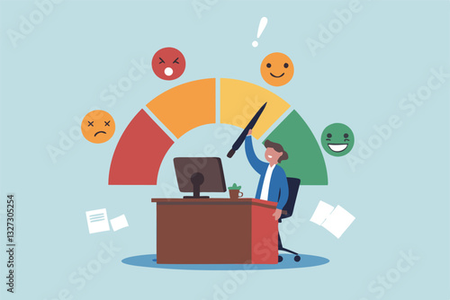 Job satisfaction, work environment wellbeing, office quality happiness, work life balance score rating, career growth or workload concept, businessman working at office desk with satisfaction rating.