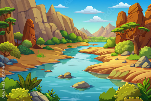 beautiful river in forest landscape hand drawn cartoon