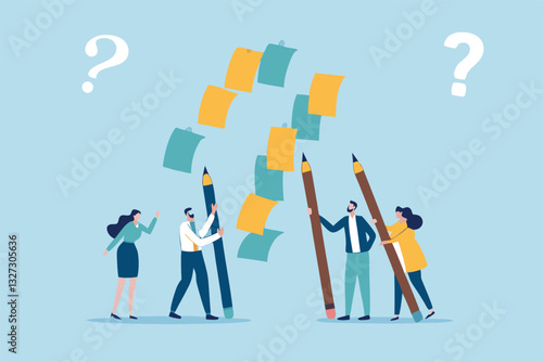 Ask question, listing problem to gather solution idea, faq or questionnaire, uncertainty, doubt or clarification, curiosity, solving problem concept, business people listing question mark sticky note.