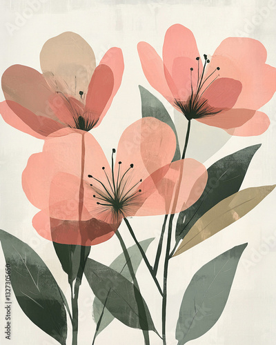 Abstract floral wall art with soft pink flowers and green leaves on a light textured background.