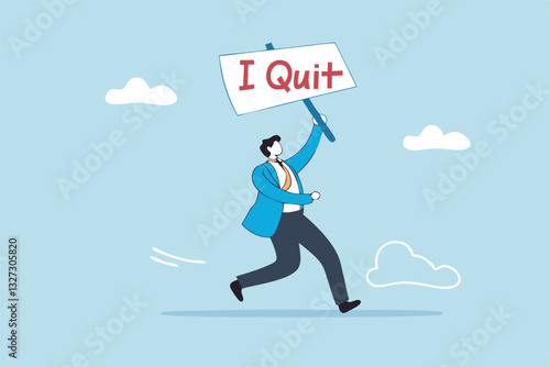 Quit full time job, resignation or end career, change job leaving company, employee termination, unemployment or burnout dissatisfaction exit layoff concept, businessman with stuff with quit job sign.