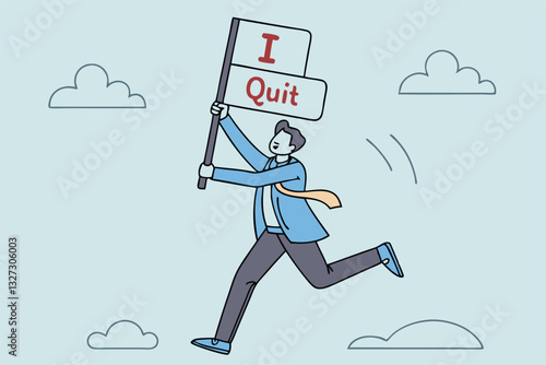 Quit full time job, resignation or end career, change job leaving company, employee termination, unemployment or burnout dissatisfaction exit layoff concept, businessman with stuff with quit job sign.