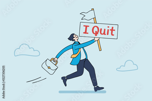 Quit full time job, resignation or end career, change job leaving company, employee termination, unemployment or burnout dissatisfaction exit layoff concept, businessman with stuff with quit job sign.