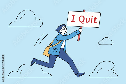 Quit full time job, resignation or end career, change job leaving company, employee termination, unemployment or burnout dissatisfaction exit layoff concept, businessman with stuff with quit job sign.