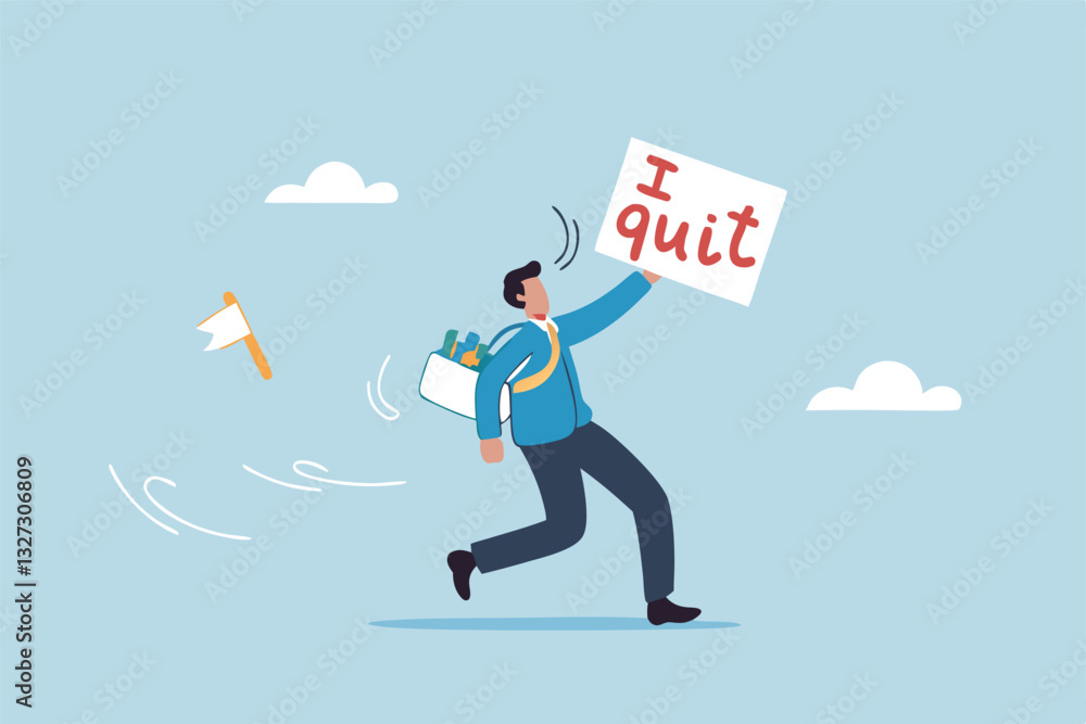 Quit full time job, resignation or end career, change job leaving company, employee termination, unemployment or burnout dissatisfaction exit layoff concept, businessman with stuff with quit job sign. Quit full time job, resignation or end career, change job leaving company, employee termination, unemployment or burnout dissatisfaction exit layoff concept, businessman with stuff with quit job sign.