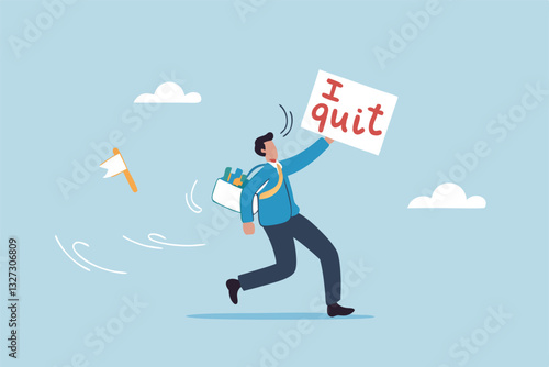 Quit full time job, resignation or end career, change job leaving company, employee termination, unemployment or burnout dissatisfaction exit layoff concept, businessman with stuff with quit job sign.