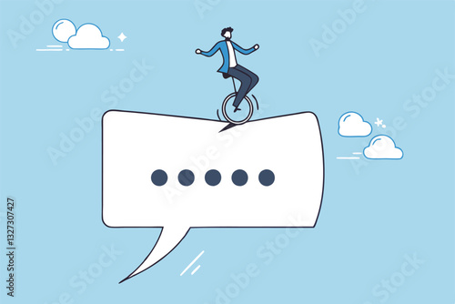 Communicate to success, talking or discussion, advice message dialogue, announcement speech bubble, business conversation or consultation concept, businessman acrobat on message speech bubble.