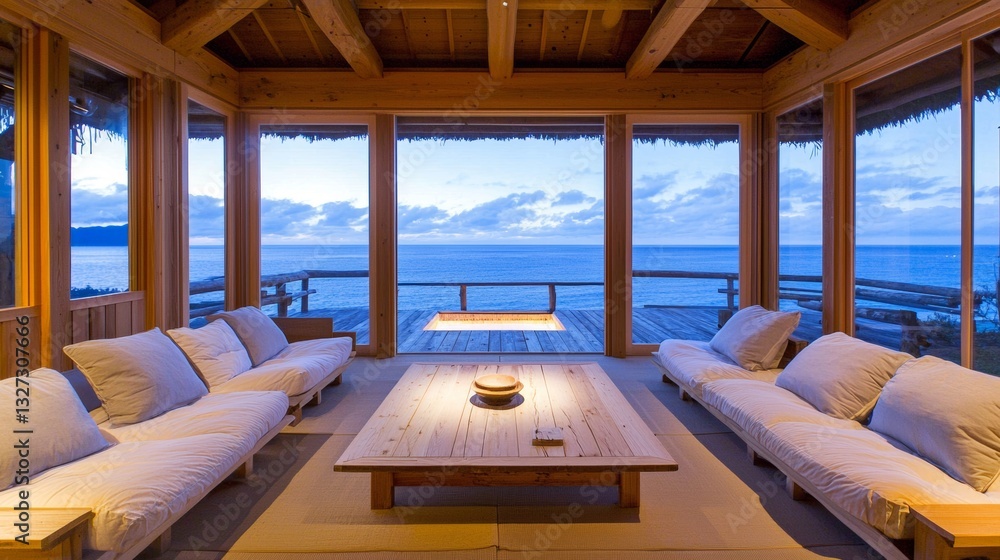 Fototapeta premium A cozy Japanese mountain lodge, built from natural wood, facing the sea with a stunning sunrise view. --chaos 20 --ar 16:9 --quality 2 --v 6.1 Job ID: e58c7d29-2cdf-47e2-a567-9f5ae6ef87e4