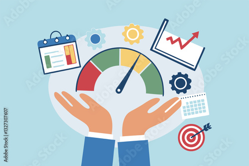 KPI key performance indicator, success benchmark or measuring goal achievement, metric or comparison standard, winning target dashboard concept, businessman hand with KPI performance gauge scale.