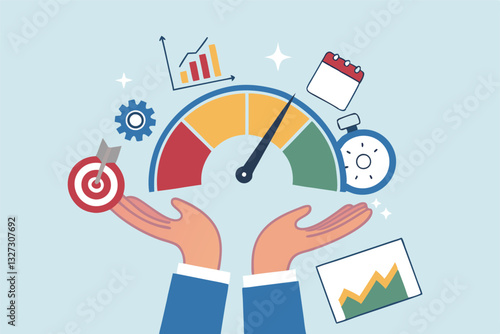 KPI key performance indicator, success benchmark or measuring goal achievement, metric or comparison standard, winning target dashboard concept, businessman hand with KPI performance gauge scale.