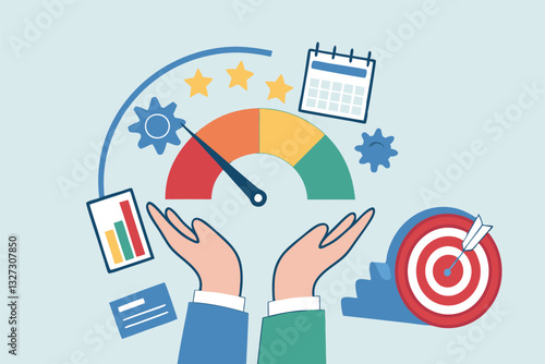 KPI key performance indicator, success benchmark or measuring goal achievement, metric or comparison standard, winning target dashboard concept, businessman hand with KPI performance gauge scale.