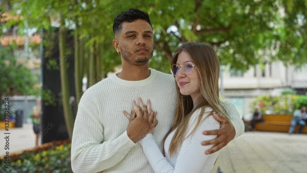 Couple embraces lovingly in an urban park setting under lush green trees, showcasing their close relationship and shared happiness outdoors in a city environment. Couple embraces lovingly in an urban park setting under lush green trees, showcasing their close relationship and shared happiness outdoors in a city environment.