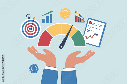 KPI key performance indicator, success benchmark or measuring goal achievement, metric or comparison standard, winning target dashboard concept, businessman hand with KPI performance gauge scale.