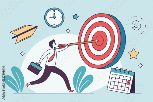 Goals setting, target achievement, focus on success outcome, planning to reach target bullseye, measurable result or clarity motivation concept, businessman with target bullseye and goal elements.