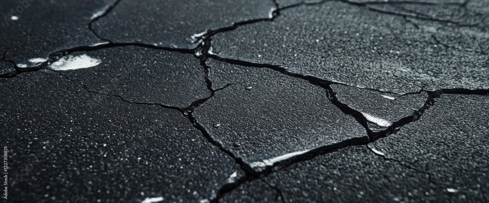 Obraz premium A cracked asphalt road with white lines, wet from rain and shining in the sun