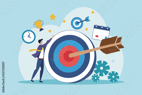 Goals setting, target achievement, focus on success outcome, planning to reach target bullseye, measurable result or clarity motivation concept, businessman with target bullseye and goal elements.