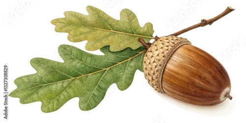 Oak Acorn with Leaves Isolated on White, Autumn , Fall