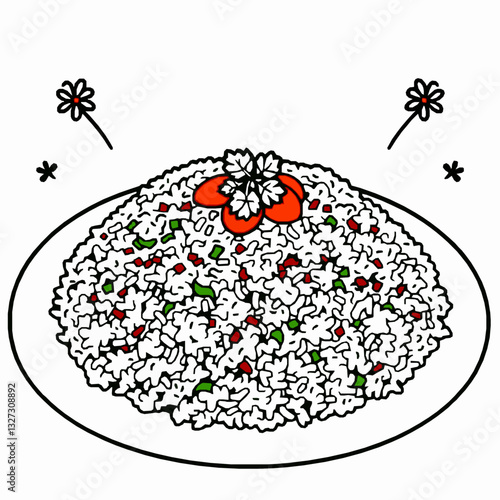 black outline vector of a plate of biryani rice with garnishes, representing Indian and Middle Eastern cuisine