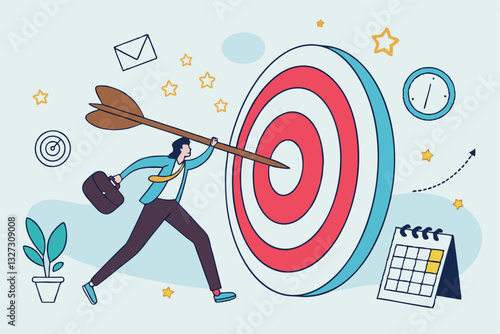Goals setting, target achievement, focus on success outcome, planning to reach target bullseye, measurable result or clarity motivation concept, businessman with target bullseye and goal elements.