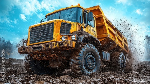 Powerful Yellow Dump Truck Slogging Through Deep Mud, Heavy Duty Construction Vehicle Off-Road, Industrial Machine in Action, Dramatic Sky Background