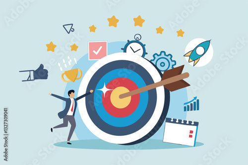 Goals setting, target achievement, focus on success outcome, planning to reach target bullseye, measurable result or clarity motivation concept, businessman with target bullseye and goal elements.