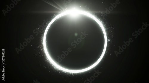 A realistic white neon circle with a glowing effect, bright sparkles, and radiant highlights, creating a luminous round frame