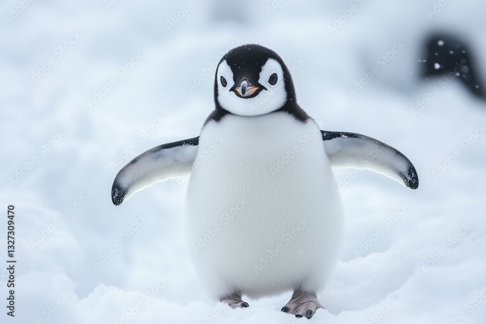 Fototapeta premium Adorable Emperor Penguin Chick Waddling Through the Snowy Antarctic Landscape